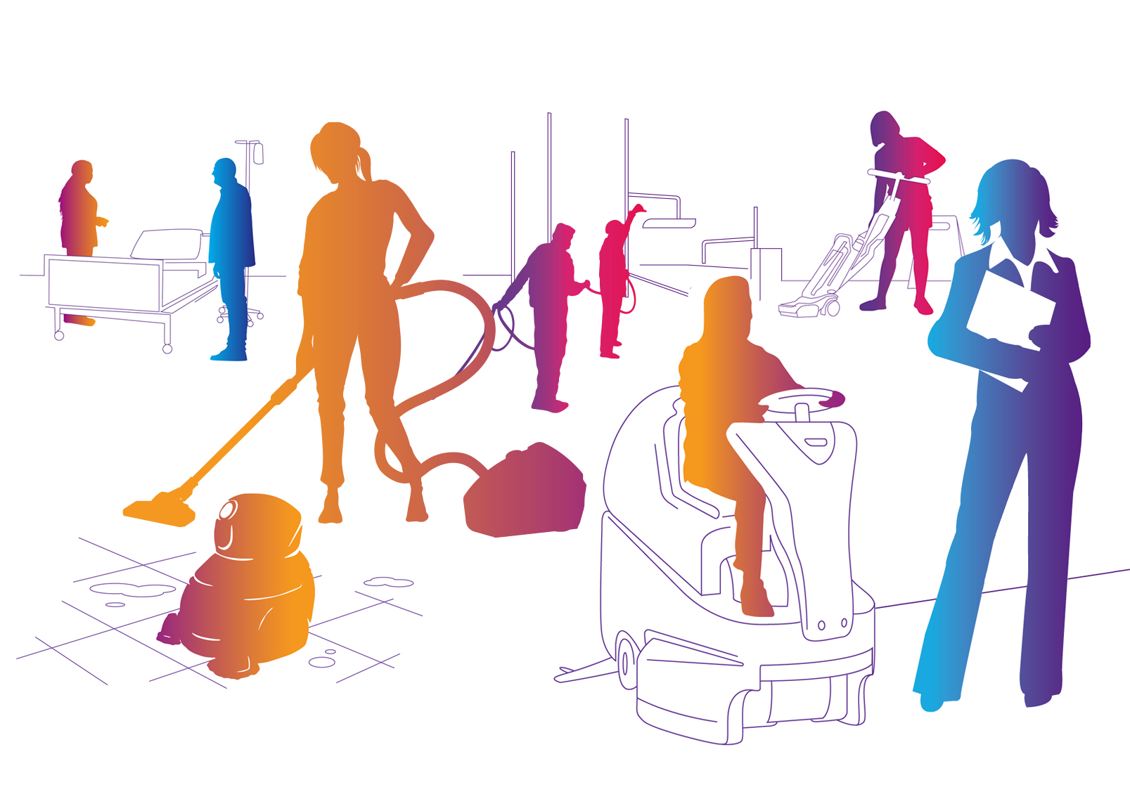 Een pictogram illustreert een groep personen die verschillende schoonmaakdiensten uitvoeren