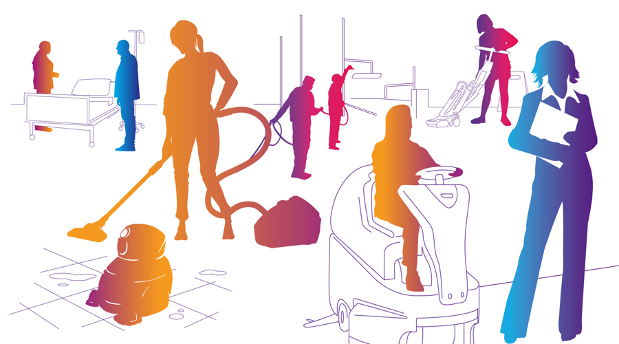 Een pictogram illustreert een groep personen die verschillende schoonmaakdiensten uitvoeren