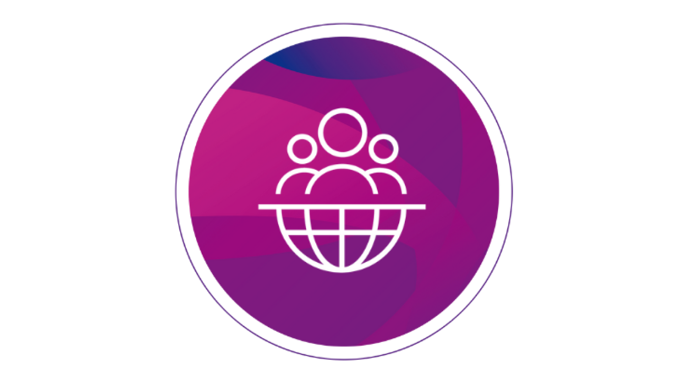 Een pictogram geeft drie personen weer op een wereldbol