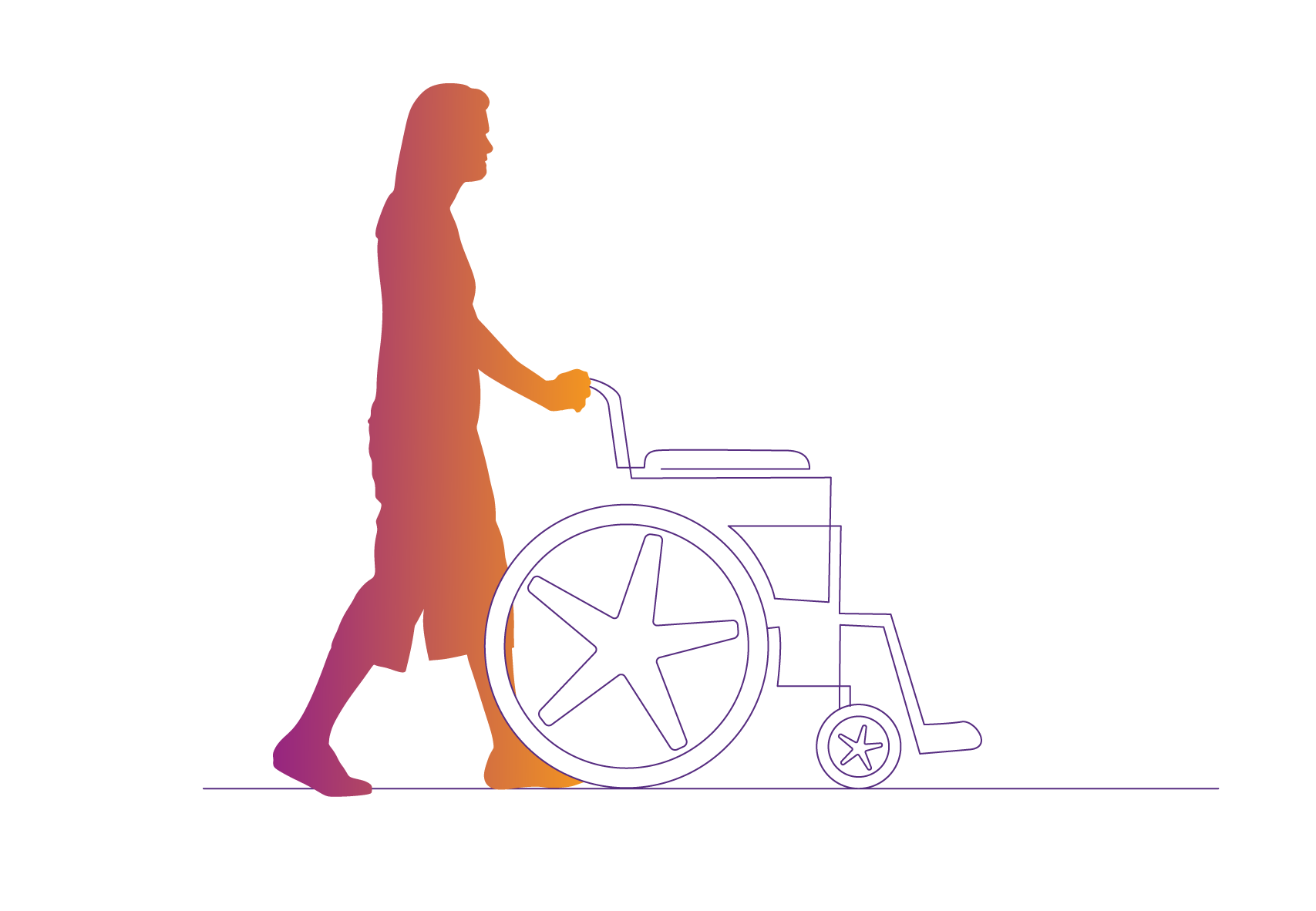 Une personne marche derrière un fauteuil roulant
